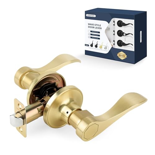 LOQRON Wave Style Door Lever, Brushed Gold Passage Door Handle, Keyless Gold Interior Lever Reversible for Left/Right Handed for Hallway and Closet with Satin Brass Finish, 1 Pack by LOQRON - Used condition - US$14.32