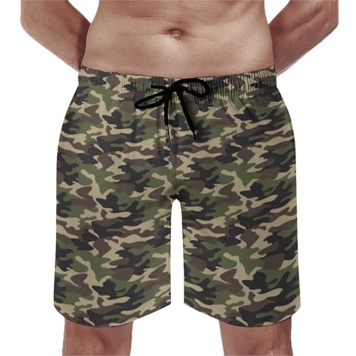 Hawaiian Shorts for Men - Comfy Dark Camouflage Green Print Mens Swim Trunks Bathing Suits with Mesh Lining