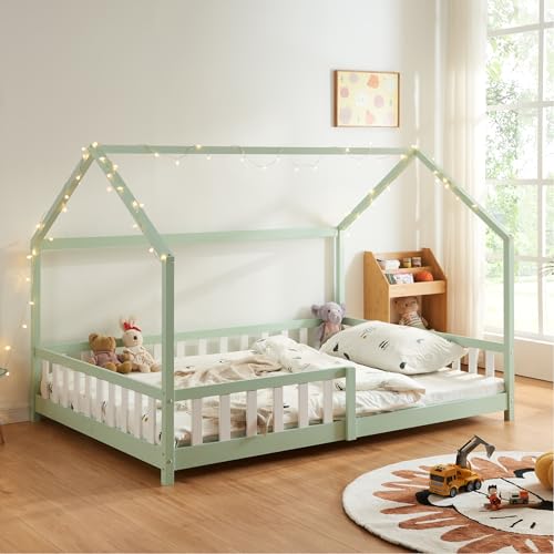 [en.casa] Cama para Niños Hesel Decrativa Cama Infantil Individual con Somier y Barandilla Estructura en Forma de Casa Estilo Montessori Madera de Pino 140 x 200 cm - Verde Menta