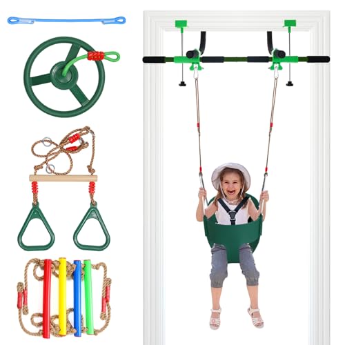 Doorway Swing mount for Kids & Door Pull Up Bar for Adults, Indoor Kid Swing with 4 Accessories, Multi-Function Doorway Gym, Fits Door Frame 24.41-30.51'' W x 3.94-6.69'' Thickness (Dark green) by Just.smile - Used condition - US$92.44