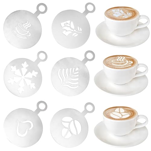 6 Pcs Stainless Coffee Stencils Latte Art with Various Patterns, Reusable Cappuccino Chocolate Templates Coffee Garland Mould Cake Decorating Tool for Coffees Shop and Home Use