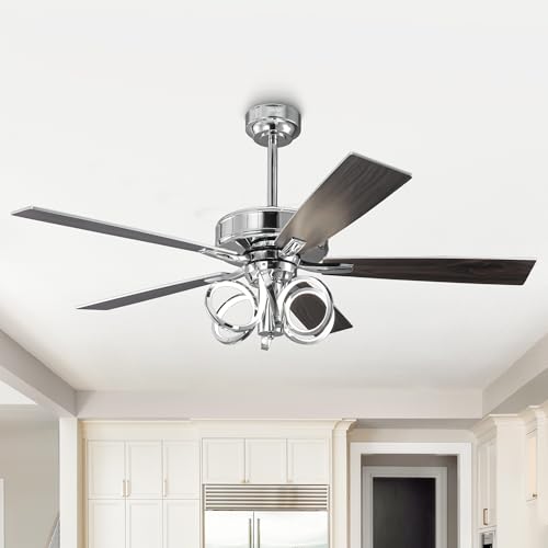 Image of 52 Inch Silver Ceiling Fans with Lights and Remote, Creative Modern Ceiling Fan for Bedroom Living Room with 3CCT, 6 Speeds, Timer, Dual-Sided Reversible 5 Blades Indoor Outdoor Chandelier Fan