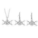 RUIZHEN Fashion 3 Colors Triple Moon Goddess Pendant Necklace Pentacle Pentagram Wiccan Jewelry (silver-set)