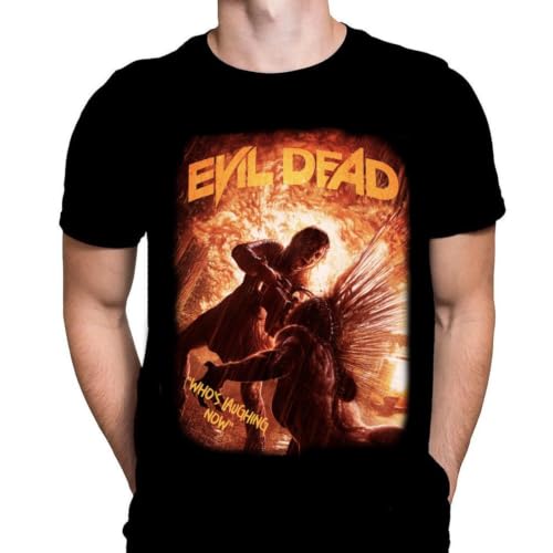Image of Evil Dead Who's Laughing Now Mens T-Shirt Horror Film Print, Black Cotton T-Shirt, Movie Poster Tee