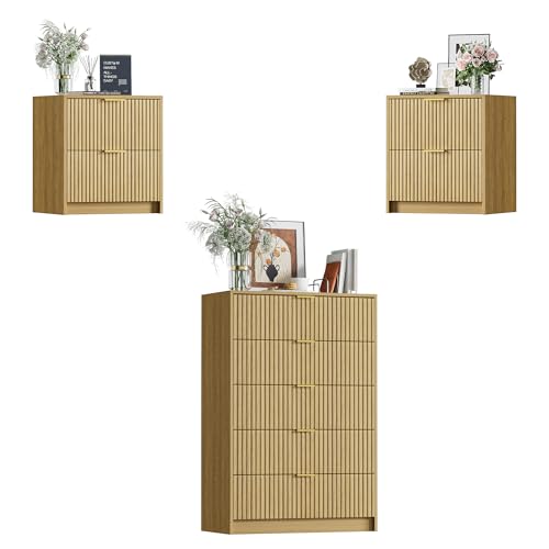 Image of Furniway 3 Piece Bedroom Set, 5 Drawer Dresser and Nightstand Set of 2 with Gold Handles, Mid-Century Modern Wood Chest of Drawers Storage Cabinet for Bedroom, Natural Oak