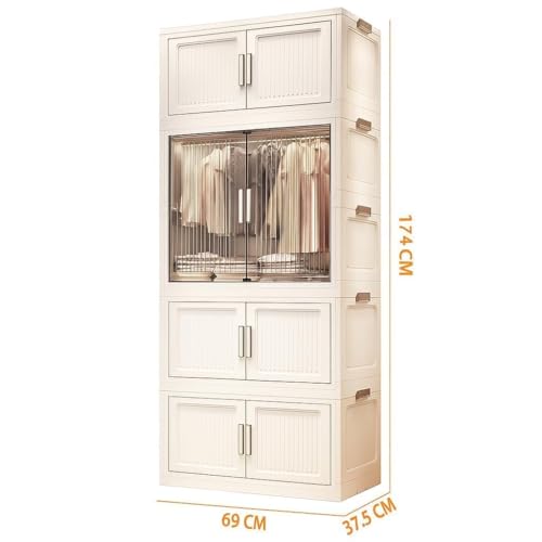 Image of Plastic Wardrobe for Cloths | 4 Layer Stackable Almirah with Hanging Rod, Transparent Doors, Wheels | Foldable Storage Cabinet Organizer for Clothes /Books /Toys