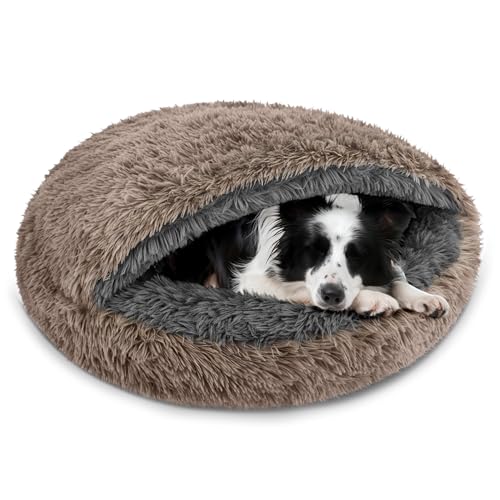 Hundebett Katzenschlafsack 2in1 - Kuschelhöhle & Schlafsack für Hunde und Katzen - Shaggy Fell außen, Sherpa innen - Durschmesser 80 cm - Anti-Slip Unterseite - Made in Poland - Größe XL Beige
