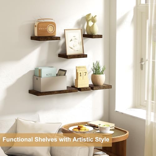 Love-KANKEI Floating Shelves Wall Mounted Set of 6, Wood Wall Shelves with Invisible Bracket,Rustic Hanging Shelves for Display,Bedroom Living Room Bathroom Kitchen Office Brown