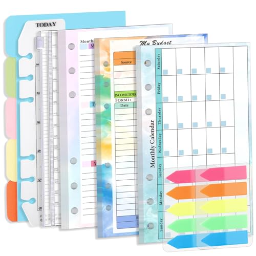 A6 Planner Inserts 1Set 6-Hole A6 Binder Inserts Complete Budget Binder Replacement Kit with Weekly Monthly Plan, Financial Page, Paper Divider, Bag, Ruler, Sticker