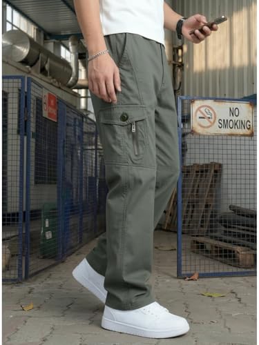 Image of Men's Cargo Pants-100% Premium Cotton Tapered Fit Lightweight Breathable Multi-Pocket Drawstring Utility Casual Trousers