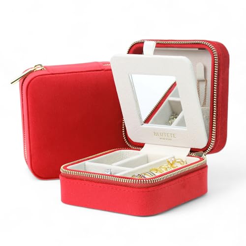 BLUTETE Travel Jewelry Box Organizer Velvet Travel Case With Mirror Rings Earrings Necklaces Storage Organizer Box (Red)