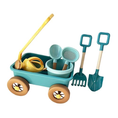 PETSOLA 7 Pieces Pretend Play Wagon Kids Toy Pull Cart Outdoor Sand Tool Wagon PP Material Spacious Design Suitable for Exploration Beach Home Storage, Blue