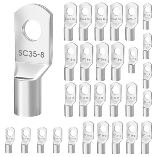 30 Terminales De Cable Tubular Cobre Estañado M8 M10, 16mm 25mm 35mm , Terminales Conectores Sc Sin Aislamiento De Cobre Estañado Para Coche Cables Batería Automoción Instalaciones Eléctricas