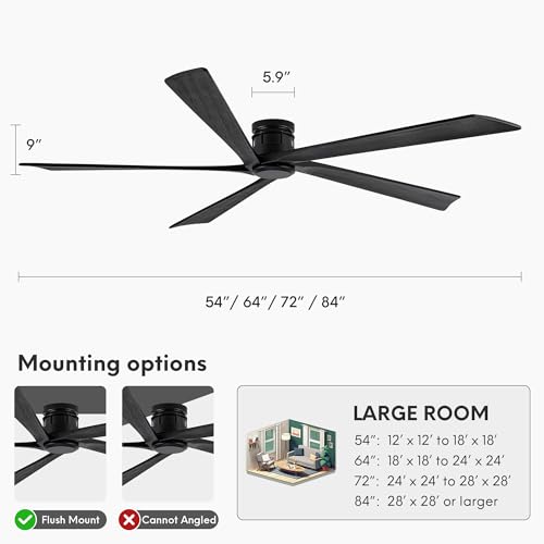 EKIZNSN 64 Inch Outdoor Low Profile Flush Mount Ceiling Fans without Lights for Patios, 110V Noiseless Reversible DC Motor, 6-Gear Speed (Black Finish with Black Blades) by EKIZNSN - Image 7