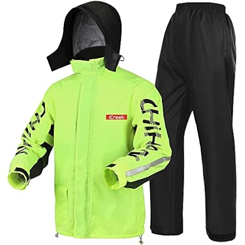 iCreek Men's Motorcycle Rain Suit Waterproof Jacket and Pants Resistant Raincoat Outdoor Fashion with Hood, Green and Black, Medium Cover
