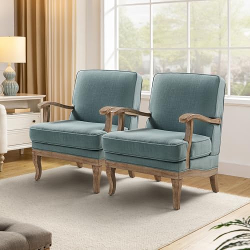Image of HULALA HOME Mid-Century Modern Accent Chairs Set of 2, Upholstered Lounge Arm Chair with Solid Wood Legs and Armrest, Removable Cushion Comfy Reading Armchair for Living Room, Bedroom, Balcony, Blue