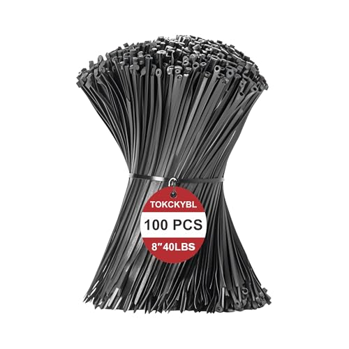 TOKCKYBL 8 Inch Zip Ties (100 Pack) – Heavy Duty 40lbs Tensile Strength, UV Resistant Black Cable Ties for Indoor & Outdoor Use, Durable Nylon Wire Ties for Organizing Cables, Garden, Garage, and More