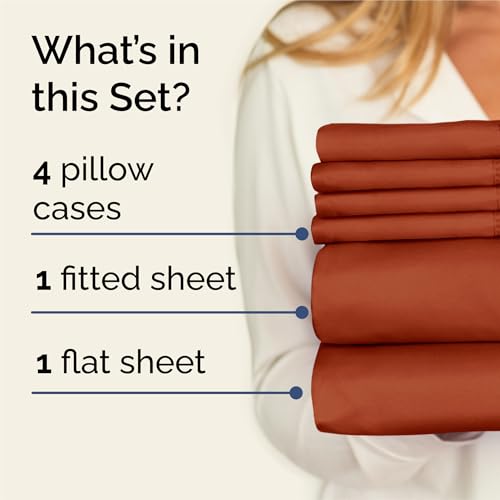 Image of King 6 Piece Bed Sheet Set - Soft, Breathable & Cooling Sheets - Terracotta | Ultra Soft Hotel Luxury Bedding Set w / 8-16 Inch Deep Pockets - 1 Flat & 1 Fitted Sheet & 4 Pillowcases - Wrinkle & Fade Free