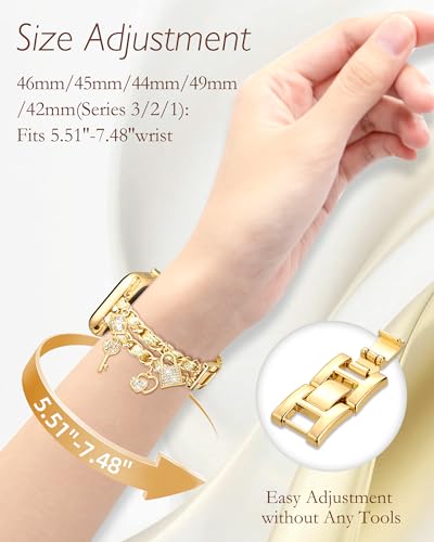 Image of Slim Gold Metal Band Compatible with Apple Watch Bands for Women 38mm 40mm 41mm 42mm 44mm 45mm 46mm, Dressy Designer Charm Bracelet Thin iWatch Bands for SE 3 2 1 Series 11 10 9 8 7 6 5 4 3 2