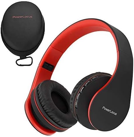 PowerLocus Wireless Bluetooth Over-Ear Stereo Foldable Headphones, Wired Headsets Rechargeable with Built-in Microphone for iPhone, Samsung, LG, iPad (Black/Red)