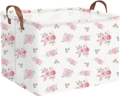 Image of Rectangular Rose Pink Flower Basket for Girls,Waterproof collapsible laundry basket for girls,Kids Storage Baskets,Books Box,Gift Baskets,Baby Room Decor(Pink Flowers)