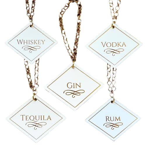 Set of five white leather tags with gold text