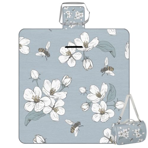 Shimoshe Picnic Blankets 57”x 59”, Cherry Blossom Print Waterproof Sandproof Picnic Mat Lightweight Foldable Beach Blanket for Camping Park Grass Beach Outdoor Blanket