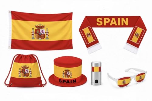 Spain World Cup Soccer Fan Kit 6 Items: Flag Scarf Hat Bag Glasses Coloring