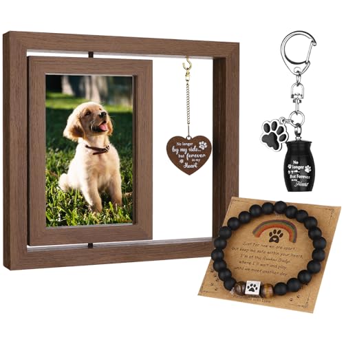 Image of Kklolai 3 Pcs Dog Memorial Gifts for Loss of Dog Sets, 4x6”Rotating Wooden Memorial Photo Frame with 8MM Rainbow Bridge Bracelet Pet Ashes Keepsake Keychain for Beloved Cats Dogs Bereavement Gifts