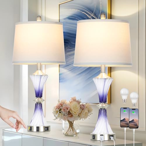 Rinweey Purple Glass Table Lamp Set of 2 with USB C+A Ports & AC Outlet Bedside Lamp Modern Bedroom Lamps Crystal Lamp for Night Stands Bedroom Living Room Nightstand Lamp LED Bulbs Included