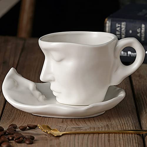 Oneustar Thinker Tea Cup With Saucer Set For 1 Minimalist Handmade Love Kissing Coffee Mug Romantic Design Teacup For Wedding Creative Gift, White #TOP2