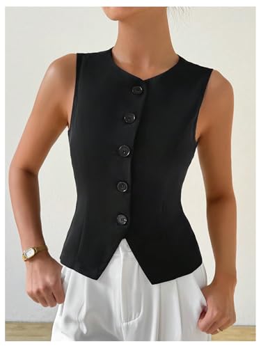 MakeMeChic Women's Sleeveless Single Breasted Blazer Round Neck Asymmetrical Hem Blazer Vest3