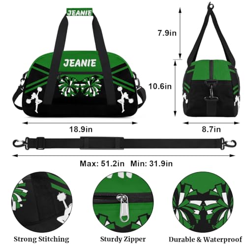 Personalize Cheer Bags for Girls Kids Cheerleaders with Custom Name Dancing Sport Gym Perform Training Duffel Bags for Overnight Weekender Travel Green Black 12