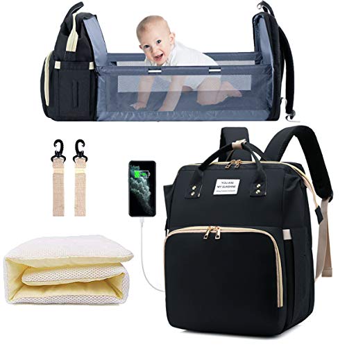 Image of Diaper Bag Backpack with Changing Station, Nappy Baby Bags with Foldable Baby Bed & Portable Changing Pad, 900D Waterproof Crib Infant Sleeper Nest for Girl Boy (Black)
