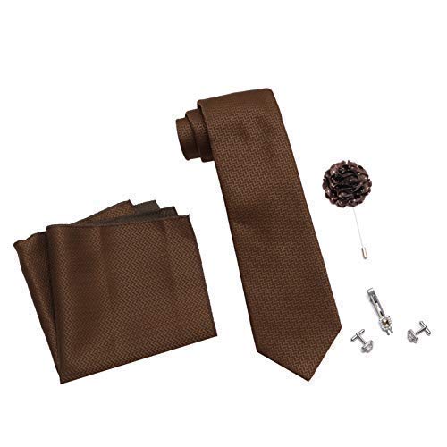 Men's Micro Polyester Necktie Set with Pocket Square, Brooch Pin and Cufflinks (Brown, Free Size)