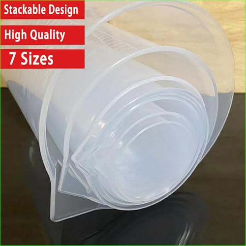 7 Sizes Plastic Graduated Cylinder and Plastic Beakers Set, Beakers 10ml 25ml 50ml 100ml 150ml 250ml 500ml, Ideal for DIY and Science Lab