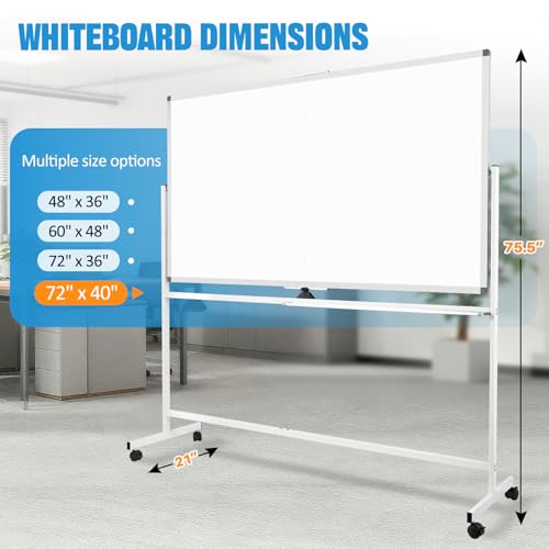 Image of Rolling Whiteboard 72 inch x 40 inch Sturdy Dry Erase White Board on Wheel | Large Magnetic Standing Whiteboard Easel with Double-Sided, Office Supplies, Home, School, Sliver Frame