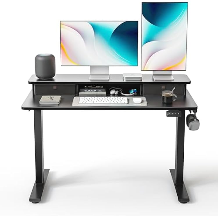 FEZIBO 48 x 24 Inch Height Adjustable Electric Standing Desk with Double Drawer, Stand up Home Office Computer Desk with 4 Height-Adjustable Feets & 2 Hooks,Black