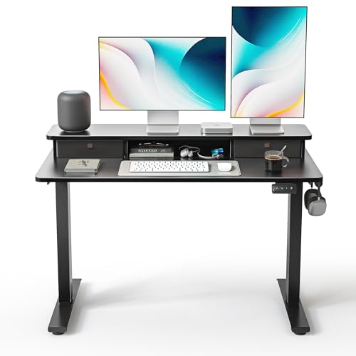Image of FEZIBO 48 x 24 Inch Height Adjustable Electric Standing Desk with Double Drawer, Stand up Home Office Computer Desk with 4 Height-Adjustable Feets & 2 Hooks,Black