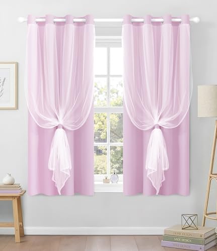 Image of 100% Blackout Curtains with Sheer Overlay, Purple, 52 x 63 inch, 2 Panels | For Bedroom Living Room Window, Room Darkening, Thermal Insulated, Grommet Top, Summer Heat Blocking, Double Layer Design