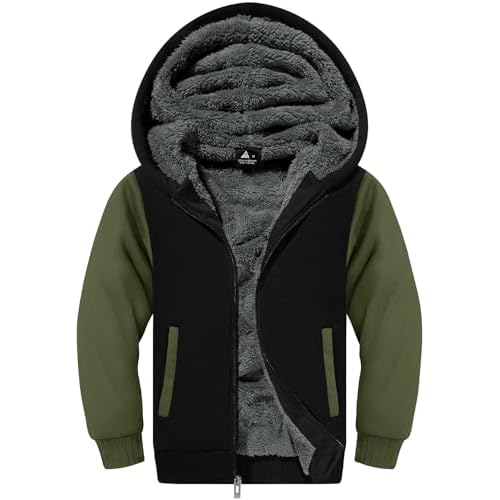 V VALANCH Boys Hoodie Zip Up Fleece Lined Jacket Warm Sherpa Hooded Sweatshirts for Boys Girls 6-15 Years Army Green Black 8-9 Years