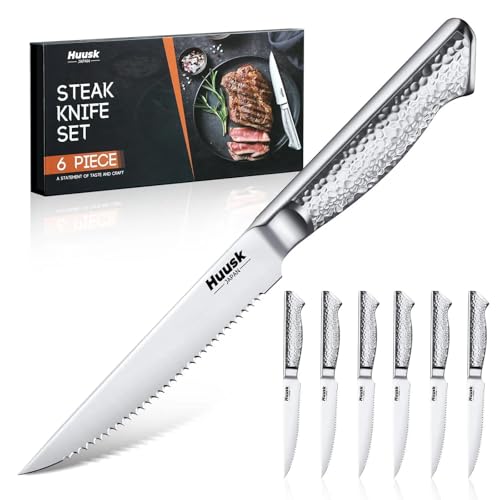 Huusk Japanese Steak Knives Set of 6, 4.5" Serrated Steak Knife Set | Stainless Steel Steaks Knives, One-Piece Structure with Anti-slip Handle, Dishwasher Safe, Homewarming Gifts for Men Women