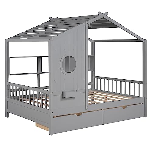 MERITLINE Full House Platform Bed with Storage Drawers & Bookcase, Solid Wood Montessori Bed for Kids Teens Girls Boys, Full Size, Gray - Thumbnail 7