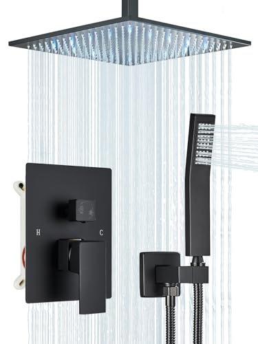 Saetow Matte Black Shower Faucets Sets Complete with 16" High Pressure LED Rainfall Shower Head and Handheld Spray Ceiling Mount Shower System Rough-in Valve Body and Trim Included
