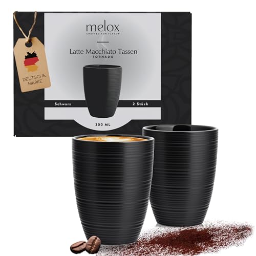 MELOX - 2er Set Latte Macchiato Tassen Tornado-Line Porzellan Schwarz...