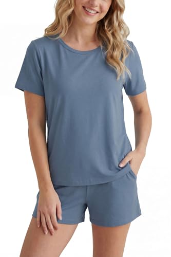 Image of LUBOT Pajamas for Women Set Bamboo Viscose with Cotton Cooling Soft 2 Piece PJ Sets Short Sleeve Nightwear S-2XL