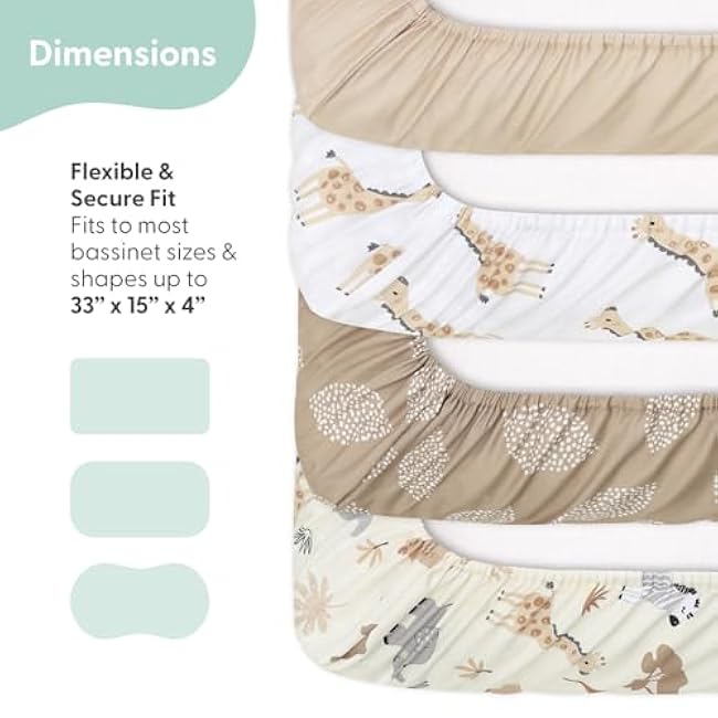 The Peanutshell Baby Bassinet Sheets 4-Pack - Soft, Oval & Fitted Baby Girls or Boys Sheet, Rectangle, Fitted Covers for Crib, Halo Bassinet Mattress - Safari Neutral