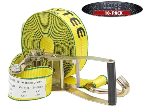 Mytee Products Ratchet Tie-Down Straps with Wire Hook, 2" x 27' Ratchet Strap | 10,000 Lbs Breaking Strength | Heavy Duty TieDown Ratchet Straps for Flatbed, Truck, Trailers Pickup (10 - Pack)
