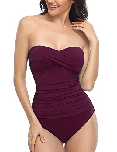 Hilor Women's Bandeau One Piece Swimsuits Front Twist Swimwear Strapless Ruched Bathing Suits Tummy Control Burgundy 14 #TOP12