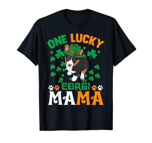 One Lucky Dog Mama Funny Tricolor Corgi Mom Día de San Patricio Camiseta